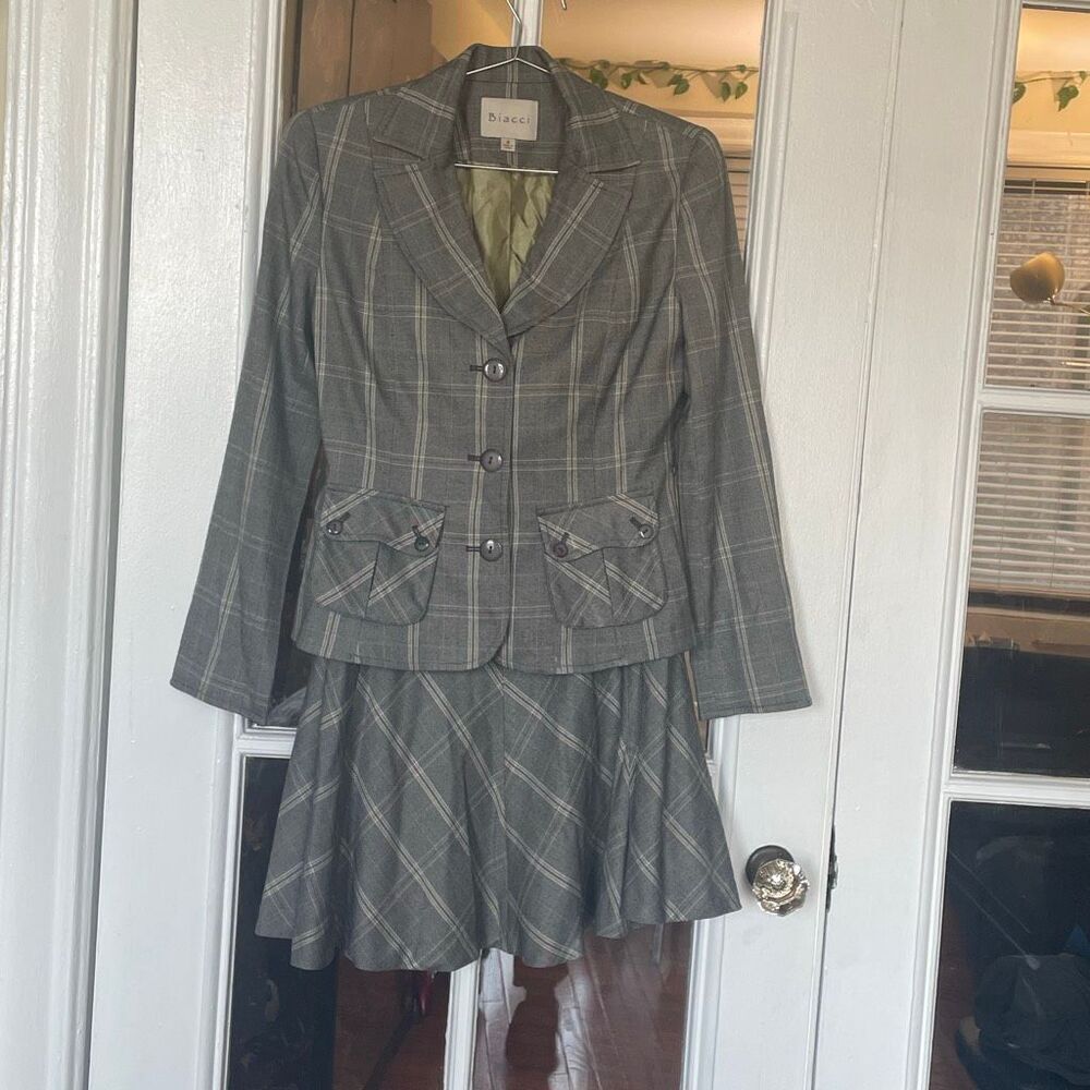 Vintage 90s Biacci plaid gray 2 piece business skirt suit office attire nwt